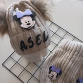MARS BABY Bebek Kız Çocuk İsimli Bej Lila Minnie Çift Ponponlu Atkı Bere Takımı - 2