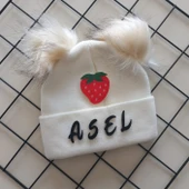 MARS BABY Kız Bebek Çocuk Kişiye Özel İsimli Krem Çift Ponponlu Triko Bere - 1