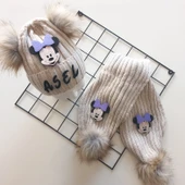 MARS BABY Bebek Kız Çocuk İsimli Bej Lila Minnie Çift Ponponlu Atkı Bere Takımı - 1