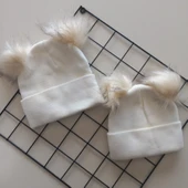 MARS BABY Anne Kız Bebek Çocuk 2li Krem Çift Ponponlu Triko Bere - 1