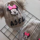 MARS BABY Bebek Kız Çocuk İsimli Bej Fuşya Minnie Çift Ponponlu Atkı Bere Takımı - 2