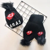 MARS BABY Bebek Erkek Çocuk İsimli Kişiye Özel Siyah Araba Tek Ponponlu Atkı Bere Takımı - 1