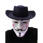 Siyah Renkli Delikli Çocuk Boy Vendetta Şapkası ve Vendetta Maskesi - 1