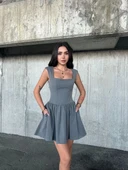 Kolsuz Mini Elbise- Gri thumbnail 3