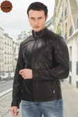 Erkek Hakiki Kuzu Derisi Ceket Slim Fit Siyah Fermuarlı Deri Mont Tarz Şık ve Modern Tasarım - 2