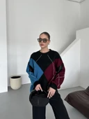 Bordo-Mavi Baklava Desenli Kazak - 5