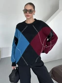 Bordo-Mavi Baklava Desenli Kazak - 1