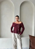 Bordo Yakalı Rustik Örme Hırka - 5