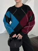 Bordo-Mavi Baklava Desenli Kazak - 2