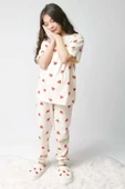 Kız Çocuk Küçük Sevimli Kalp Baskılı T-Shirt Krem Pijama Takımı 8-14 Yaş thumbnail 1