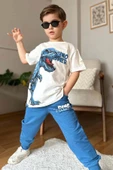 Erkek Çocuk Dinazor Digital Baskı Ve Yazı Detaylı T-Shirt Mavi Eşofman Takım - 3