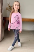Kız Çocuk Flamingo Baskı ve Yazı Detaylı Pembe Taytlı Takım thumbnail 1