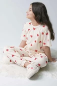 Kız Çocuk Küçük Sevimli Kalp Baskılı T-Shirt Krem Pijama Takımı 8-14 Yaş thumbnail 2