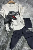 Erkek Çocuk Dinazor Digital Baskı Ve Yazı Detaylı T-Shirt Siyah Eşofman Takım - 1