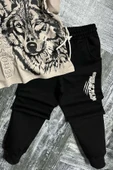 Erkek Çocuk Kara Kalem Kurt ve Yazı Baskılı Kahverengi T-Shirt Eşofman Takım - 3