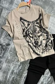 Erkek Çocuk Kara Kalem Kurt ve Yazı Baskılı Kahverengi T-Shirt Eşofman Takım - 2