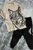 Erkek Çocuk Kara Kalem Kurt ve Yazı Baskılı Kahverengi T-Shirt Eşofman Takım - 1