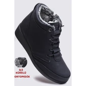 210 Ortopedik Taban Lastik Bağcıklı İçi Kürklü Siyah Anne Botu Kadın Bot Ayakkabı - 2