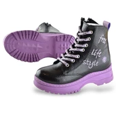 258 Ortopedik Bağcıklı Fermuarlı Kız Siyah Çocuk Bot Ayakkabı Kürklü Kız Çocuk Bot - 4