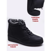 210 Ortopedik Taban Lastik Bağcıklı İçi Kürklü Siyah Anne Botu Kadın Bot Ayakkabı - 1