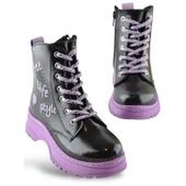 258 Ortopedik Bağcıklı Fermuarlı Kız Siyah Çocuk Bot Ayakkabı Kürklü Kız Çocuk Bot - 2