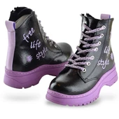 258 Ortopedik Bağcıklı Fermuarlı Kız Siyah Çocuk Bot Ayakkabı Kürklü Kız Çocuk Bot - 5