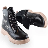 258 Ortopedik Bağcıklı Fermuarlı Kız Siyah Çocuk Bot Ayakkabı Kürklü Kız Çocuk Bot - 8