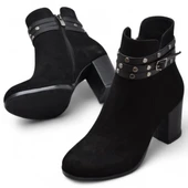 650 Günlük Fermuarlı Kadın Topuklu Bot Ayakkabı Nubuk Siyah Klasik Topuk Bot - 3