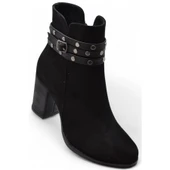 650 Günlük Fermuarlı Kadın Topuklu Bot Ayakkabı Nubuk Siyah Klasik Topuk Bot - 1