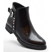 450E Fermuarlı Günlük Kadın Bot Ayakkabı Kışlık Taşlı Rugan Siyah Kadın Bot - 1