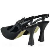 1088 Arkası Açık Kadın Topuklu Ayakkabı 8,5 cm Siyah Simli Abiye Düğün Nişan Kına Gecesi - 6