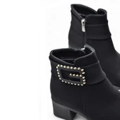 6592 Günlük Fermuarlı Kadın Topuklu Bot Ayakkabı Nubuk Siyah Klasik Topuklu Bot - 4