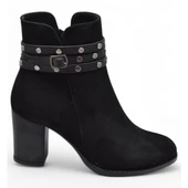 650 Günlük Fermuarlı Kadın Topuklu Bot Ayakkabı Nubuk Siyah Klasik Topuk Bot - 2