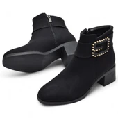 6592 Günlük Fermuarlı Kadın Topuklu Bot Ayakkabı Nubuk Siyah Klasik Topuklu Bot - 2