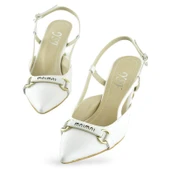 1027 Arkası Açık Kadın Beyaz Topuklu Ayakkabı 5 cm Abiye Düğün Nişan Kına Gecesi thumbnail 1