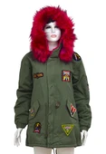 BOGNER Kırmızı Kürklü Cricket Logolu Yeşil Kalın Kapüşonlu İçi Kürklü Kadın Askeri Mont Kaban XXL - 1