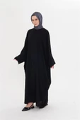 Siyah Yarasa Kol Oversize Medine İpeği Arkası Düğmeli Düz Elbise 4001_01 - 2