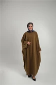 Haki Yarasa Kol Oversize Medine İpeği Arkası Düğmeli Düz Elbise 4001_09 - 1