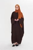 Kahve Yarasa Kol Oversize Medine İpeği Arkası Düğmeli Düz Elbise 4001_14 - 1