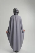 Gri Yarasa Kol Oversize Medine İpeği Arkası Düğmeli Düz Elbise 4001_15 - 3