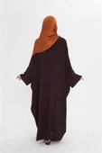Kahve Yarasa Kol Oversize Medine İpeği Arkası Düğmeli Düz Elbise 4001_14 - 6