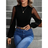 Lucky Life Kadın Uzun Kollu Yarı Balıkçı Yaka Kolları Tül Detaylı Ithal Krep Bluz - 3