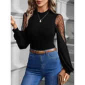 Lucky Life Kadın Uzun Kollu Yarı Balıkçı Yaka Kolları Tül Detaylı Ithal Krep Bluz - 1