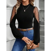 Lucky Life Kadın Uzun Kollu Yarı Balıkçı Yaka Kolları Tül Detaylı Ithal Krep Bluz - 4