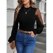 Lucky Life Kadın Uzun Kollu Yarı Balıkçı Yaka Kolları Tül Detaylı Ithal Krep Bluz - 2