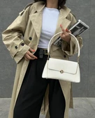 Beyaz Retro Baget Önden Kapaklı Kadın Omuz Ve El Çantası - 1