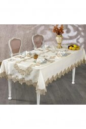 Fransız Güpürlü Çınar Masa Örtüsü Takımı Ekru Bakır 50 Parça thumbnail 2