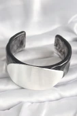 Siyah Mermer Desen Akrilik Plastik Gümüş Oval Plaka Model Vintage Kadın Bilezik - TJ-BB6673 - 2