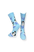 Tekli Unisex Penguen Desenli Mavi Renkli Esnek Nem Alabilen Pamuklu Çorap thumbnail 3