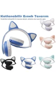 Kablosuz Kedi Kulaklık Işıklı Kulaküstü Mikrofonlu Bluetooth Hafıza Kartı Girişli Çocuk Kulaklığı  Pembe - 2